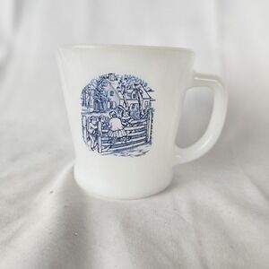 Currier and Ives Vintage Milk Glass Coffee Mug Set of 4 Anchor Hocking Fire King